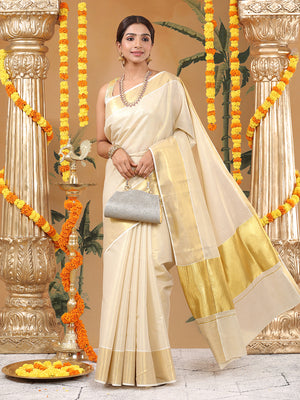 Golden Tissue Saree with Dual Kasavu Borders & Long Golden Pallu Border