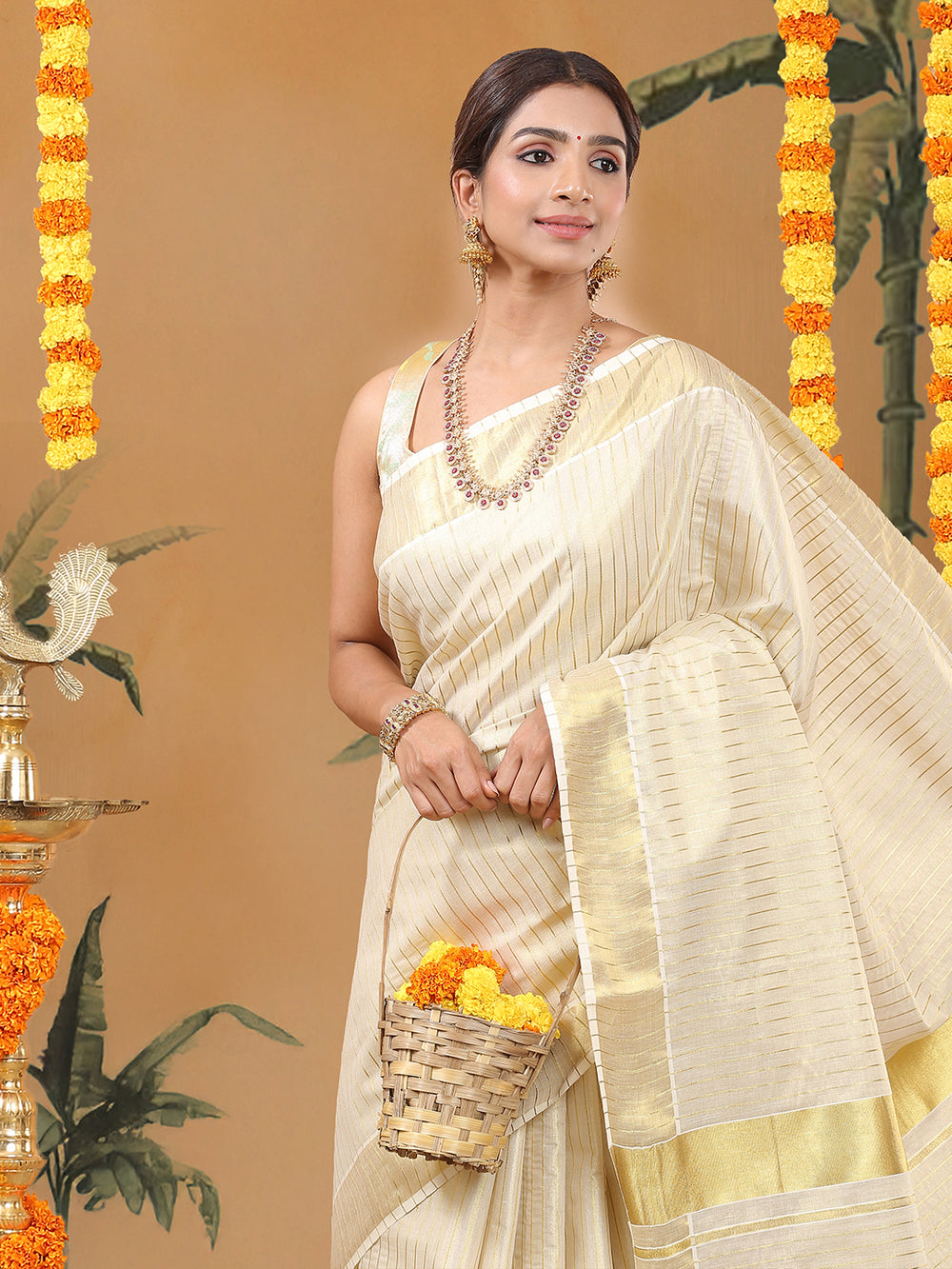 Golden Tissue Set Saree with Vertical Thread Stripes and Subtle Golden Kasavu Detailing