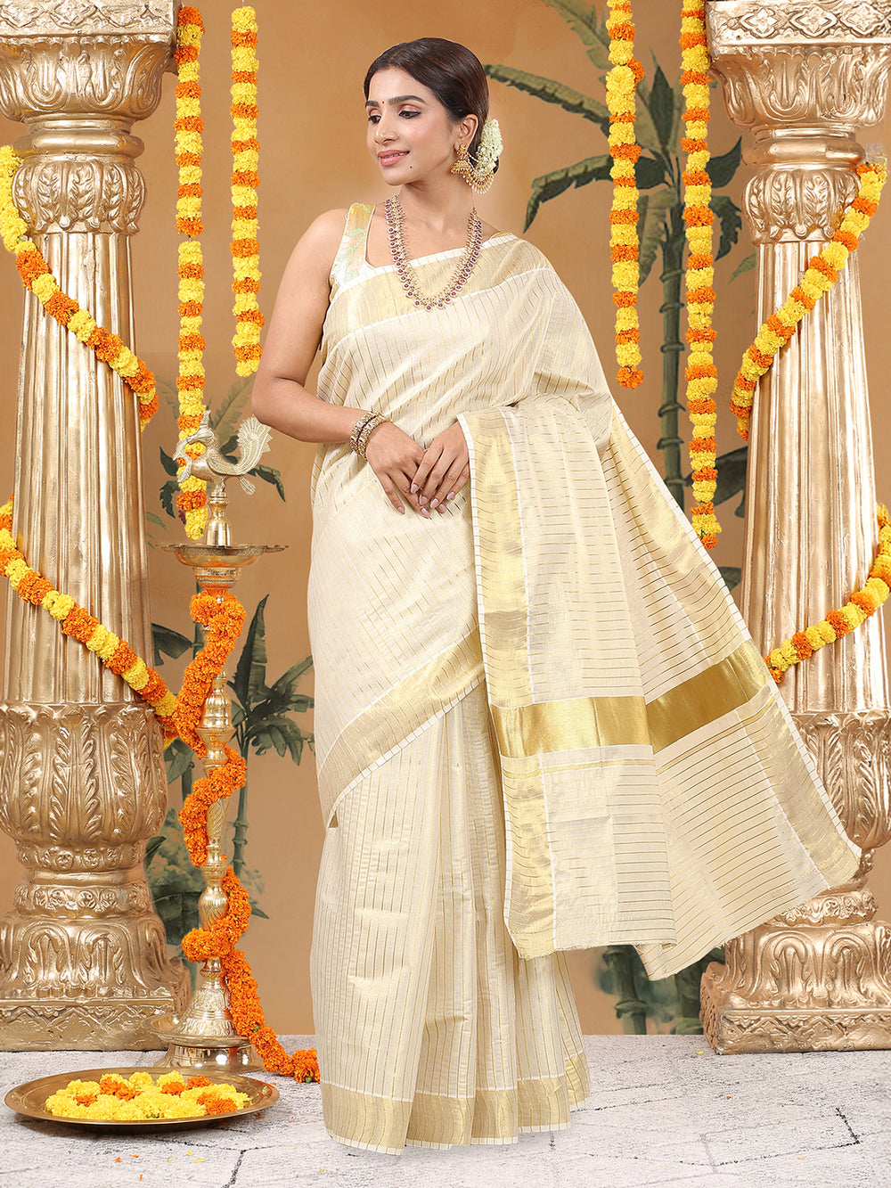 Golden Tissue Set Saree with Vertical Thread Stripes and Subtle Golden Kasavu Detailing