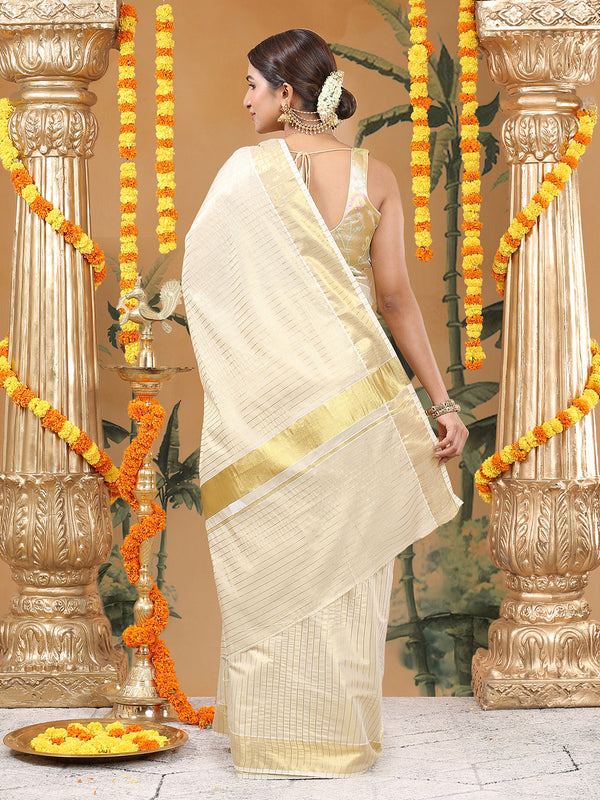 Golden Tissue Set Saree with Vertical Thread Stripes and Subtle Golden Kasavu Detailing