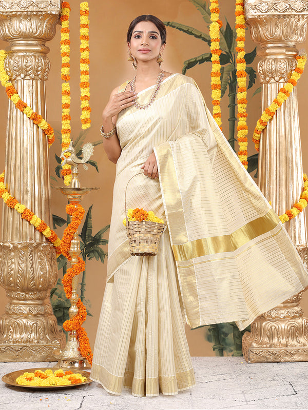 Golden Tissue Set Saree with Vertical Thread Stripes and Subtle Golden Kasavu Detailing