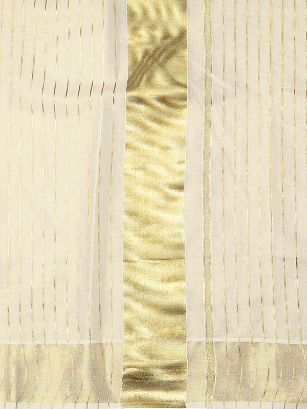Golden Tissue Set Saree with Vertical Thread Stripes and Subtle Golden Kasavu Detailing