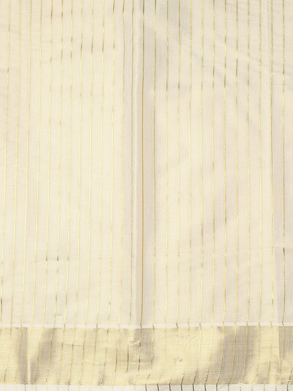 Golden Tissue Set Saree with Vertical Thread Stripes and Subtle Golden Kasavu Detailing