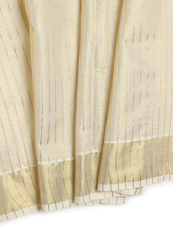 Golden Tissue Set Saree with Vertical Thread Stripes and Subtle Golden Kasavu Detailing