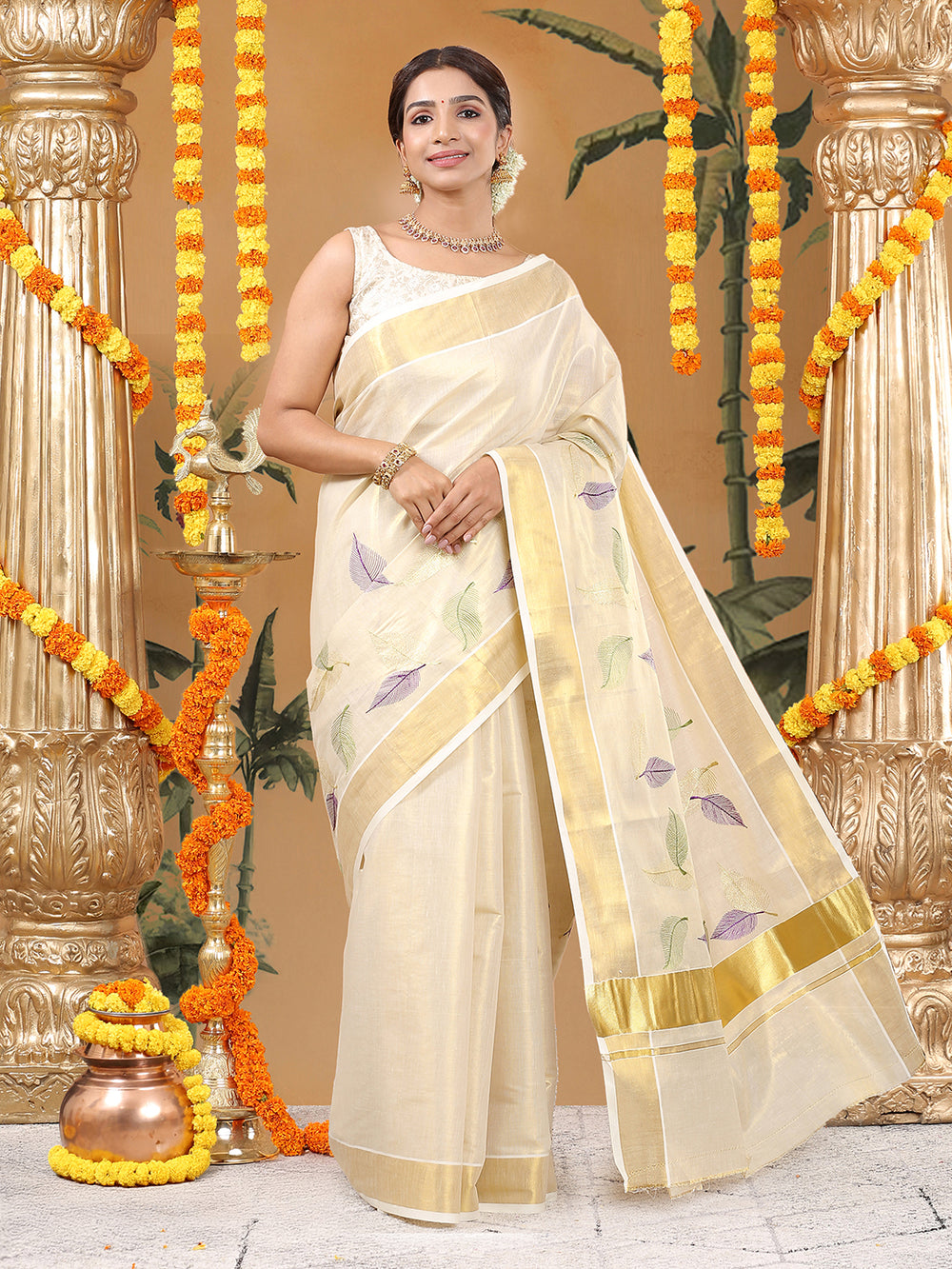 Golden Tissue Set Saree with Green-Gold and Purple-Gold Leaf Embroidery