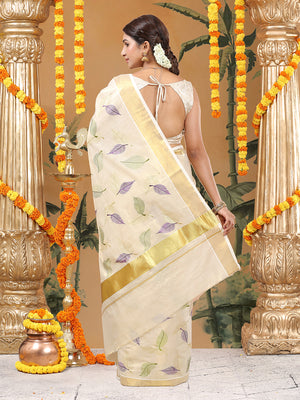 Golden Tissue Set Saree with Green-Gold and Purple-Gold Leaf Embroidery