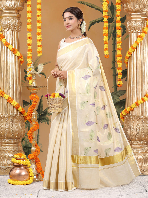 Golden Tissue Set Saree with Green-Gold and Purple-Gold Leaf Embroidery