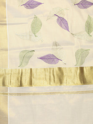 Golden Tissue Set Saree with Green-Gold and Purple-Gold Leaf Embroidery