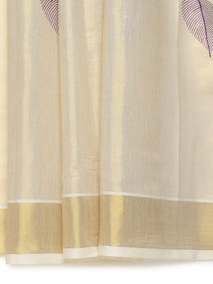 Golden Tissue Set Saree with Green-Gold and Purple-Gold Leaf Embroidery