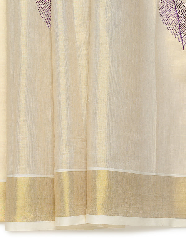 Golden Tissue Set Saree with Green-Gold and Purple-Gold Leaf Embroidery