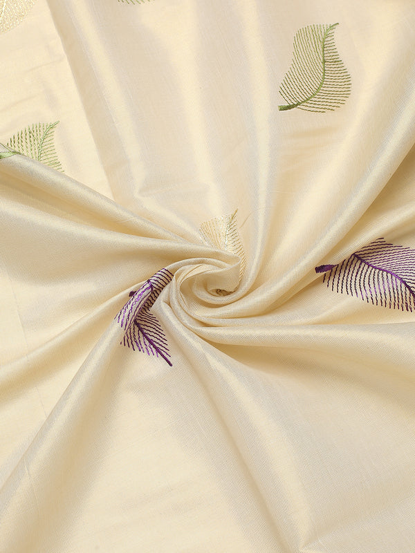 Golden Tissue Set Saree with Green-Gold and Purple-Gold Leaf Embroidery