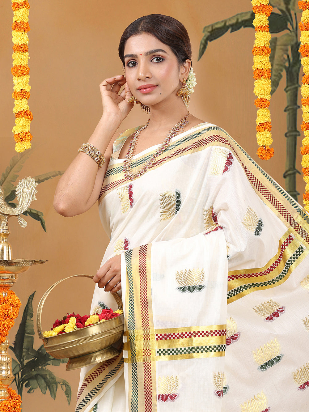Off-White Cotton Set Saree with Zari Lotus Buttas and Red-Green Checker Borders