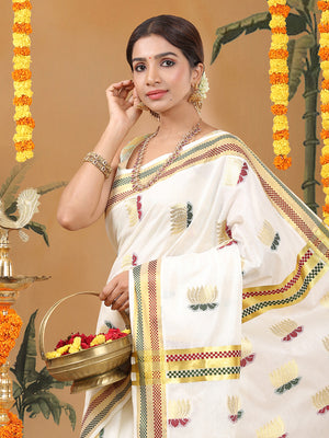 Off-White Cotton Set Saree with Zari Lotus Buttas and Red-Green Checker Borders