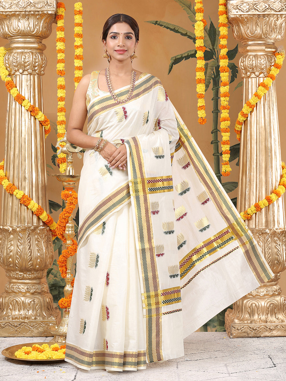 Off-White Cotton Set Saree with Zari Lotus Buttas and Red-Green Checker Borders