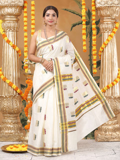 Off-White Cotton Set Saree with Zari Lotus Buttas and Red-Green Checker Borders