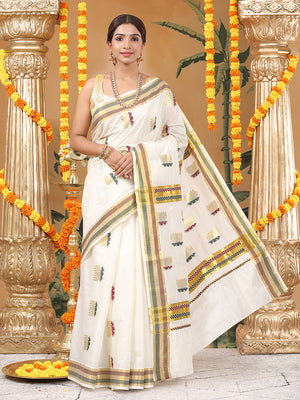 Off-White Cotton Set Saree with Zari Lotus Buttas and Red-Green Checker Borders