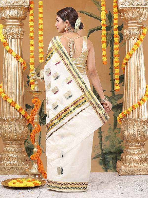 Off-White Cotton Set Saree with Zari Lotus Buttas and Red-Green Checker Borders