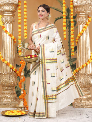 Off-White Cotton Set Saree with Zari Lotus Buttas and Red-Green Checker Borders
