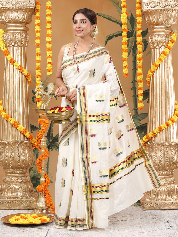 Off-White Cotton Set Saree with Zari Lotus Buttas and Red-Green Checker Borders
