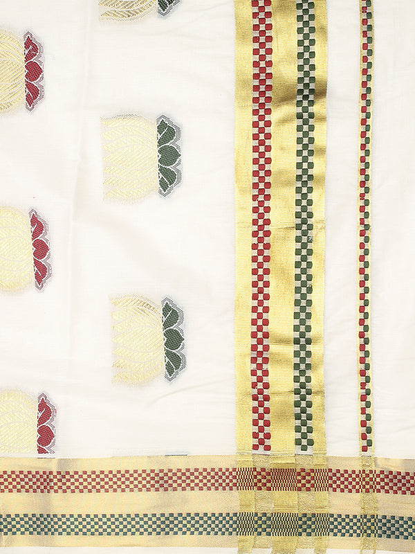 Off-White Cotton Set Saree with Zari Lotus Buttas and Red-Green Checker Borders