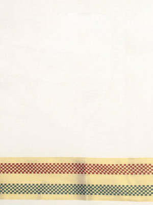Off-White Cotton Set Saree with Zari Lotus Buttas and Red-Green Checker Borders