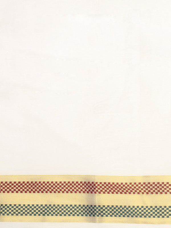Off-White Cotton Set Saree with Zari Lotus Buttas and Red-Green Checker Borders