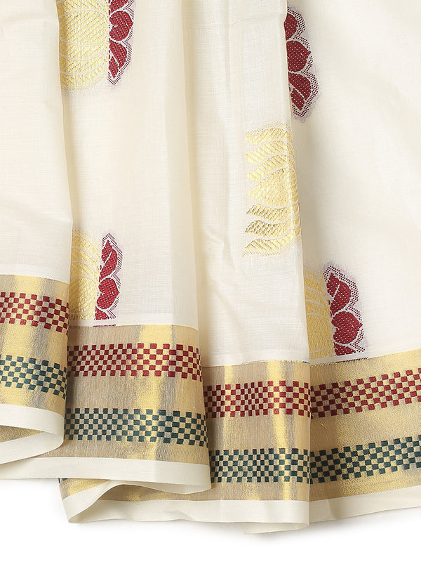 Off-White Cotton Set Saree with Zari Lotus Buttas and Red-Green Checker Borders