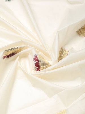Off-White Cotton Set Saree with Zari Lotus Buttas and Red-Green Checker Borders