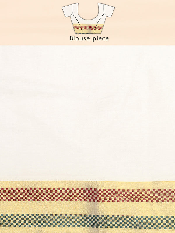 Off-White Cotton Set Saree with Zari Lotus Buttas and Red-Green Checker Borders