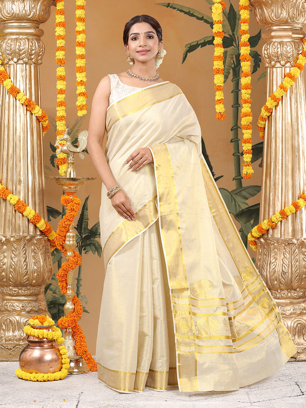 Golden Tissue Saree with Peacock Design on Pallu & Golden Zari Border