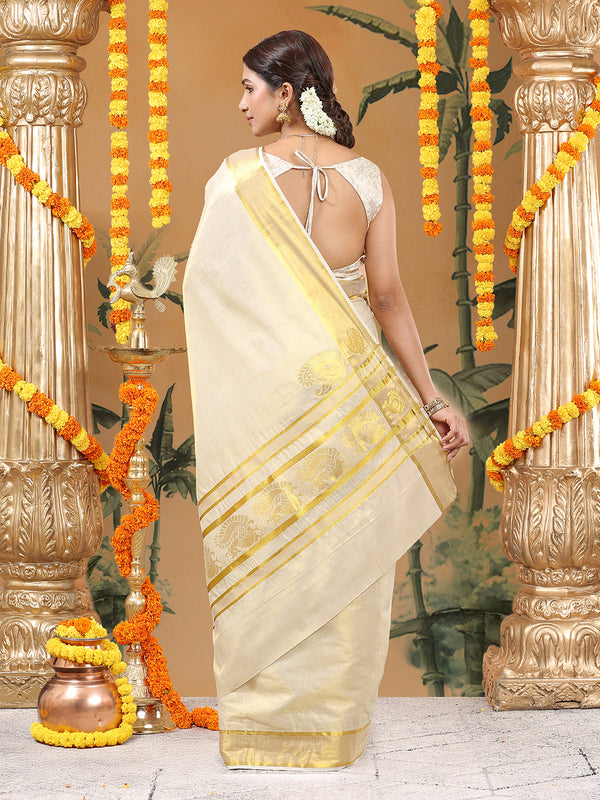 Golden Tissue Saree with Peacock Design on Pallu & Golden Zari Border