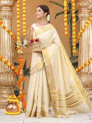 Golden Tissue Saree with Peacock Design on Pallu & Golden Zari Border