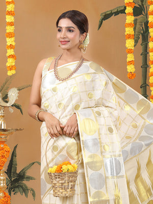 Off-White Cotton Set Saree with Golden Double Lined Checks, Polka, and Temple Pallu