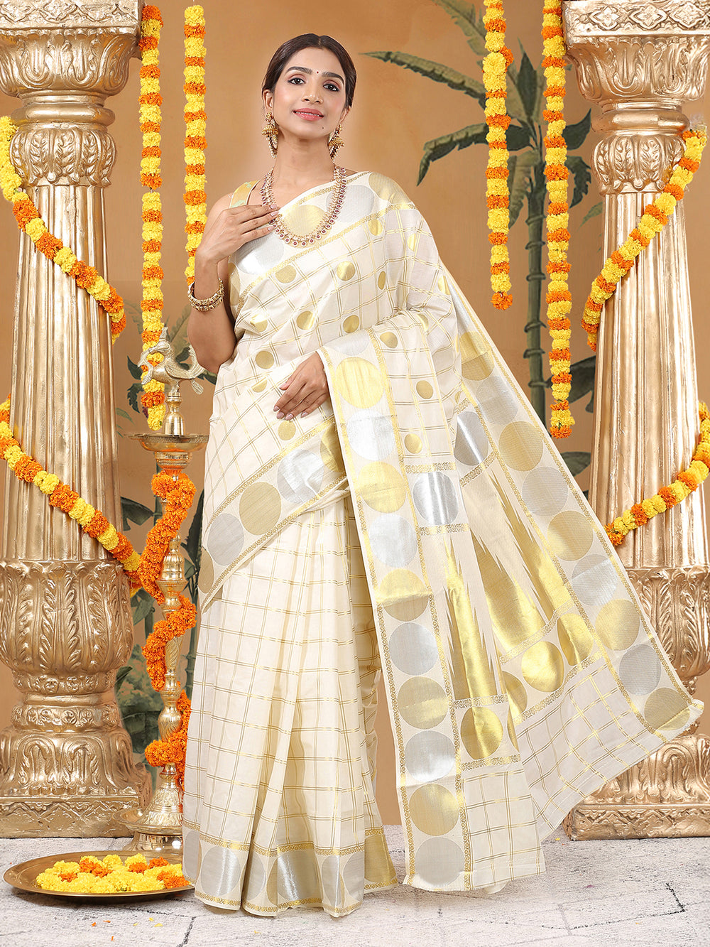 Off-White Cotton Set Saree with Golden Double Lined Checks, Polka, and Temple Pallu