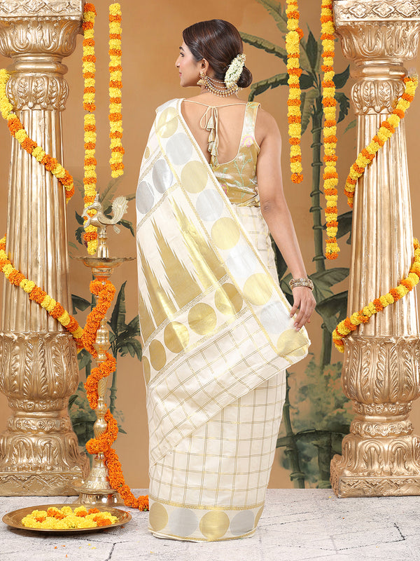 Off-White Cotton Set Saree with Golden Double Lined Checks, Polka, and Temple Pallu