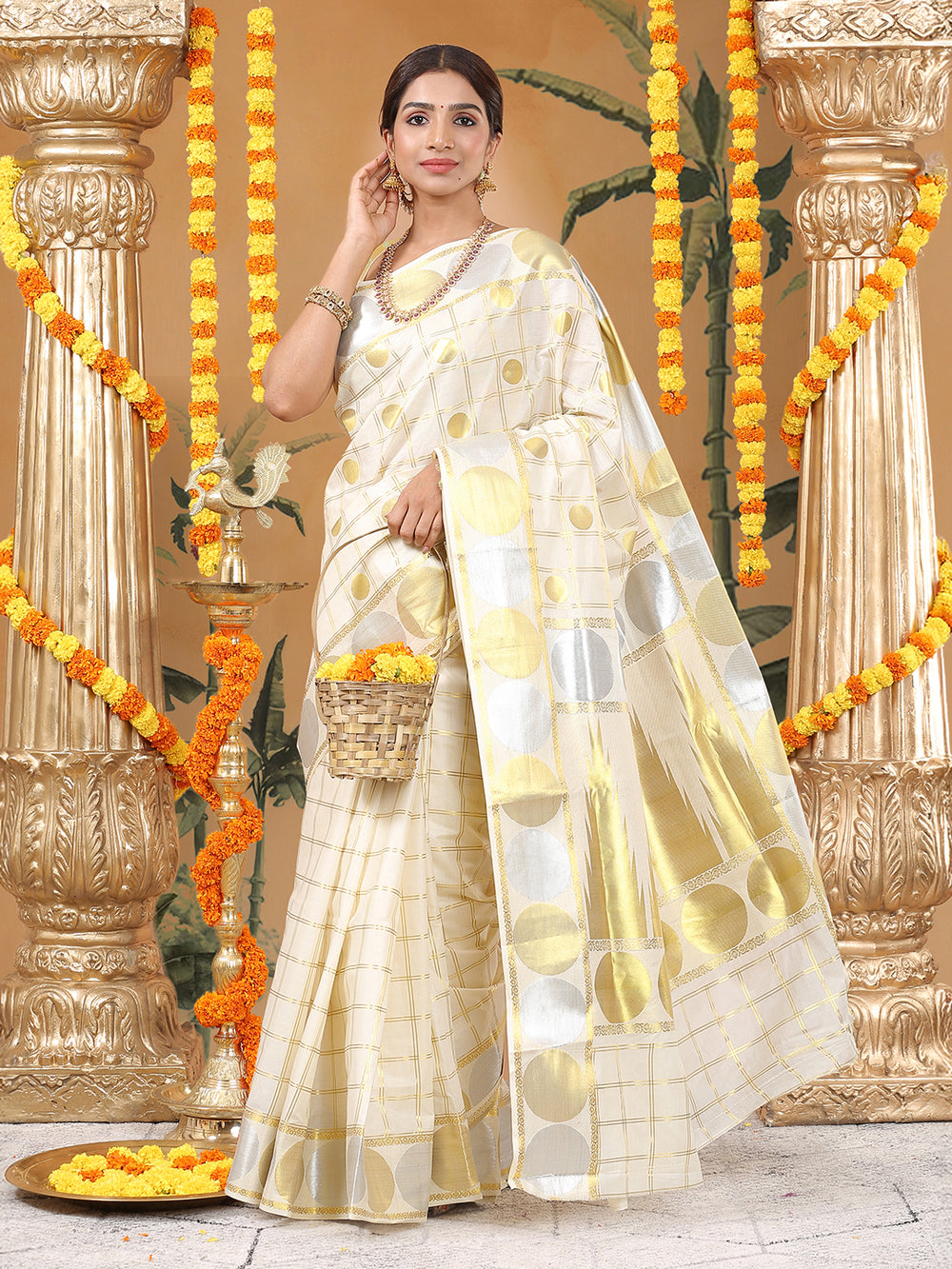 Off-White Cotton Set Saree with Golden Double Lined Checks, Polka, and Temple Pallu