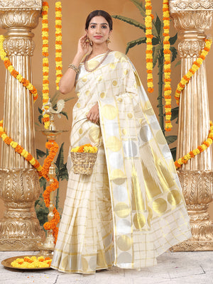 Off-White Cotton Set Saree with Golden Double Lined Checks, Polka, and Temple Pallu