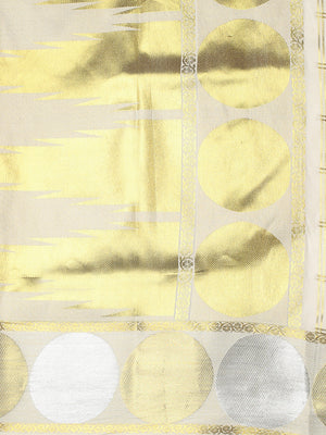 Off-White Cotton Set Saree with Golden Double Lined Checks, Polka, and Temple Pallu