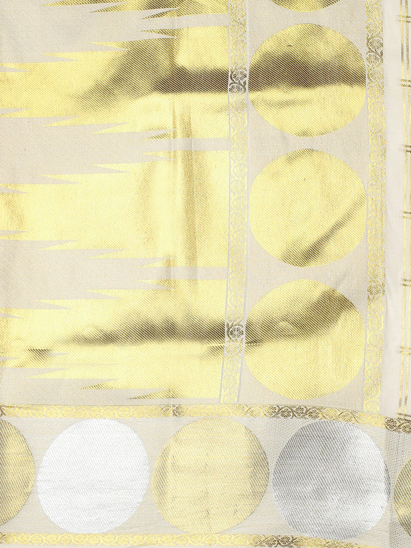 Off-White Cotton Set Saree with Golden Double Lined Checks, Polka, and Temple Pallu