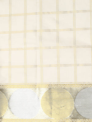 Off-White Cotton Set Saree with Golden Double Lined Checks, Polka, and Temple Pallu