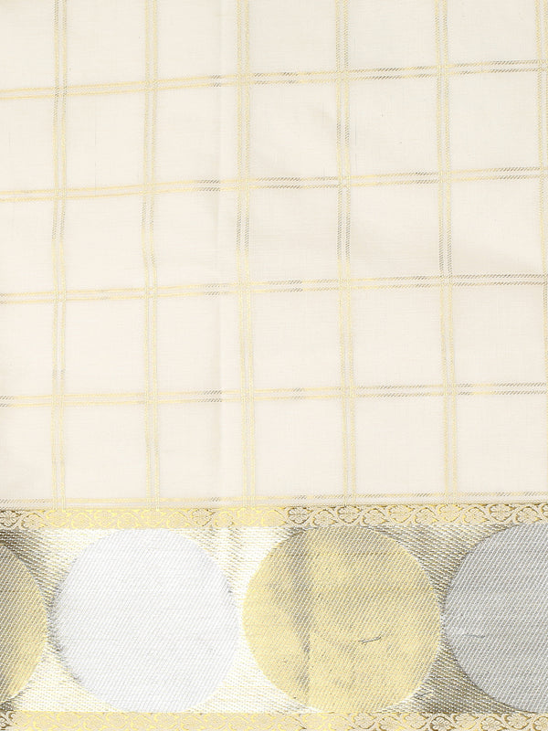 Off-White Cotton Set Saree with Golden Double Lined Checks, Polka, and Temple Pallu
