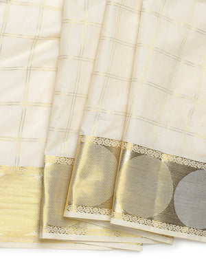 Off-White Cotton Set Saree with Golden Double Lined Checks, Polka, and Temple Pallu