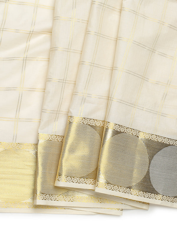 Off-White Cotton Set Saree with Golden Double Lined Checks, Polka, and Temple Pallu