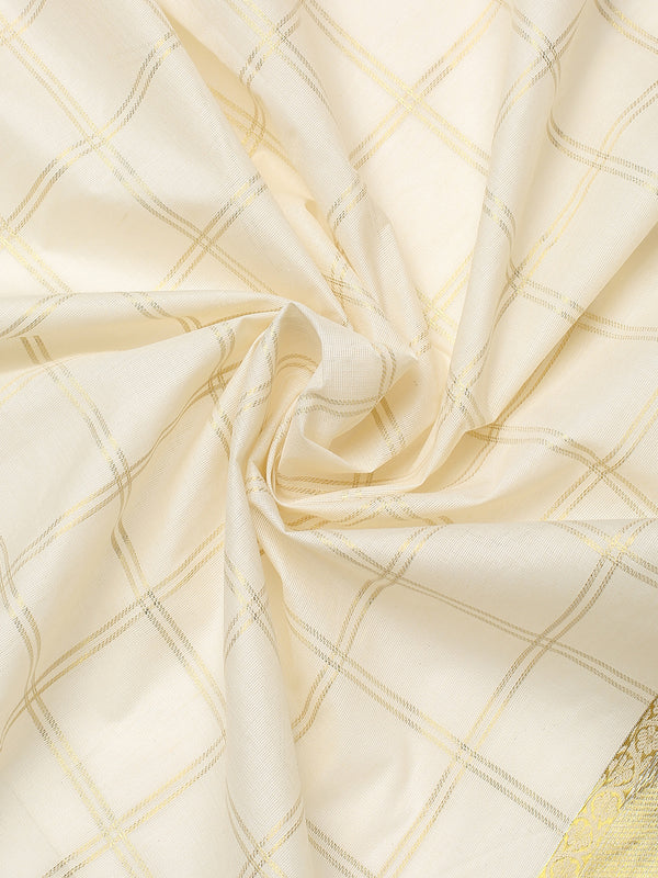 Off-White Cotton Set Saree with Golden Double Lined Checks, Polka, and Temple Pallu