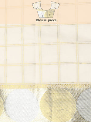 Off-White Cotton Set Saree with Golden Double Lined Checks, Polka, and Temple Pallu
