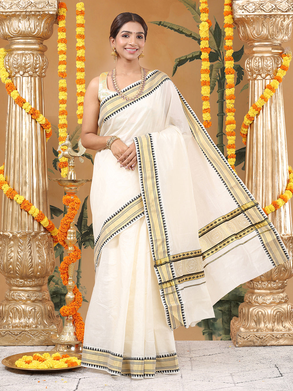 Off White Cotton Set Saree with Black Temple Design Near Golden Kasavu and Peacock Zari Accents