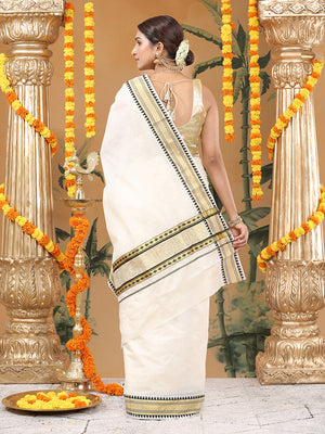 Off White Cotton Set Saree with Black Temple Design Near Golden Kasavu and Peacock Zari Accents