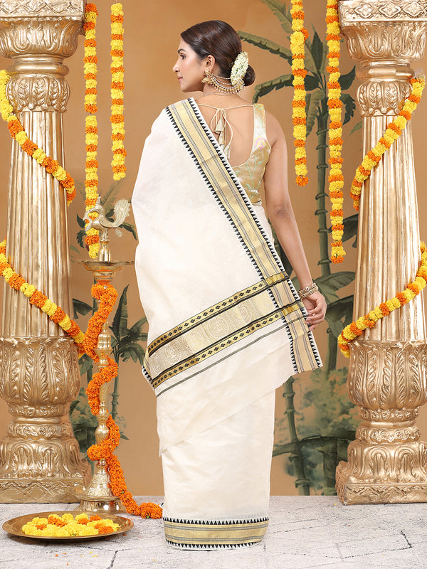 Off White Cotton Set Saree with Black Temple Design Near Golden Kasavu and Peacock Zari Accents