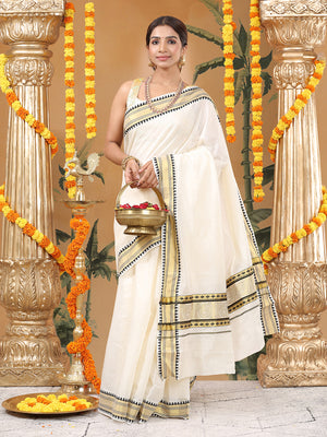 Off White Cotton Set Saree with Black Temple Design Near Golden Kasavu and Peacock Zari Accents