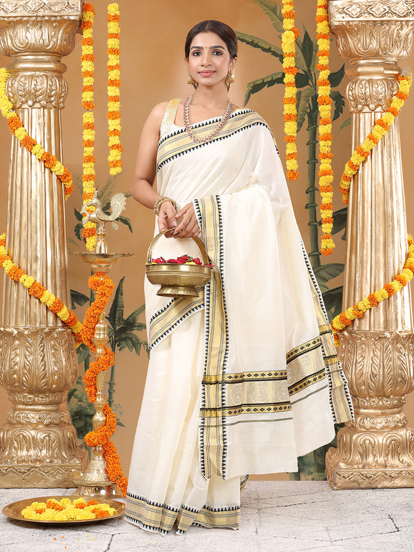 Off White Cotton Set Saree with Black Temple Design Near Golden Kasavu and Peacock Zari Accents